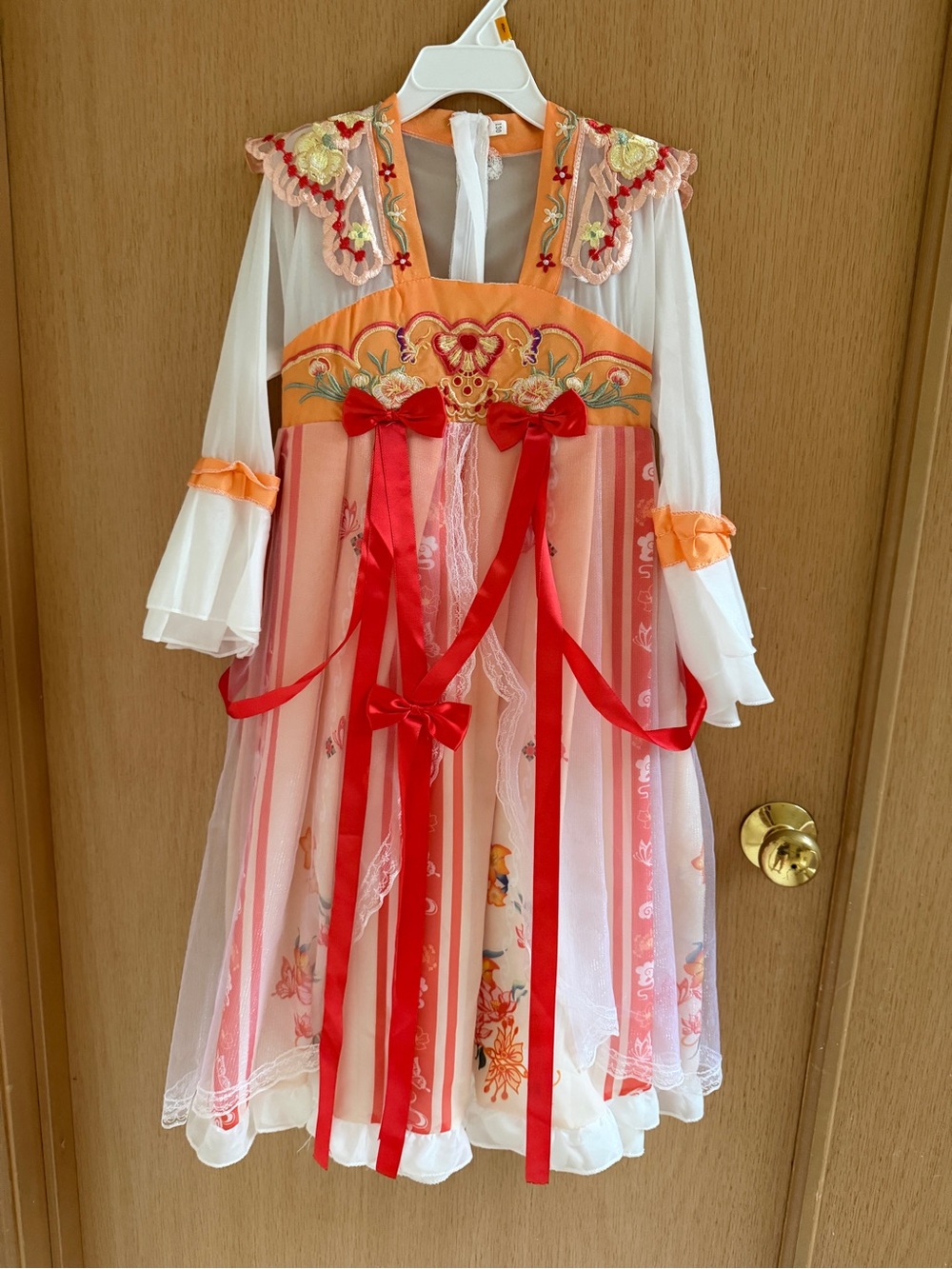Girls Peach & Red Ribbon Princess Costume Dress 6-7T